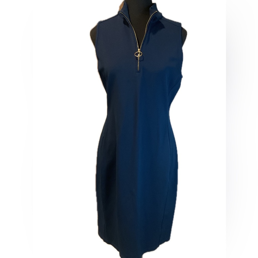 Lauren Ralph Lauren, Navy blue mock neck with partial zipper shift dress.